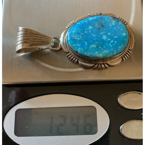 Navajo Mark Yazzie Sterling Silver Turquoise Pendant - .33  Mark Yazzie Navajo Sterling Silver Native American Large Oval Turquoise Pendant